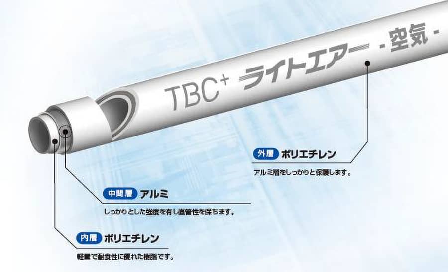 TBC  ライトエアー空気 中間層 アルミ しっかりとした強度を有し幡性を保ちます。 内層 ポリエチレン 軽量で耐食性に優れた能です。 外層ポリエチレンアルミ層をしっかりと保護します。