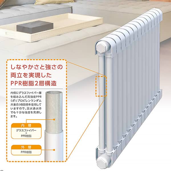 しなやかさと強さの両立を実現したPPR樹脂2層構造内層にグラスファイバー層を組み込んだ高性能PPR(ポリプロピレンランダム共重合)樹脂管を使用していますので、給水給湯でも十分な強度を発揮します。内層グラスファイバー＋PPR樹脂外層PPR樹脂